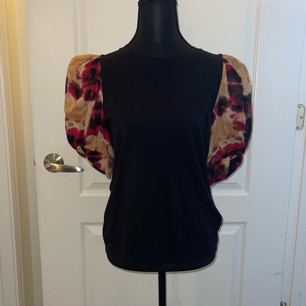 DKNY Black Top with Red and Tan Floral Puff Sleeves